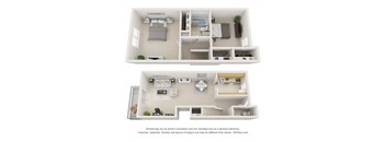 A 3D floor plan of a house with two bedrooms, a living room, a kitchen, and a bathroom.