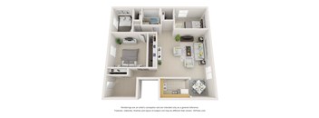 A 3D floor plan of a house with a kitchen, living room, and bathroom.