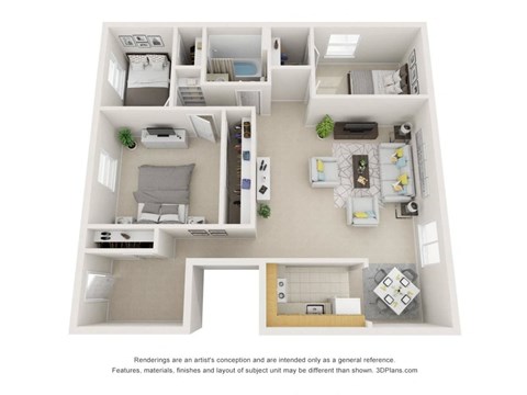 A 3D floor plan of a house with a kitchen, living room, and bathroom.