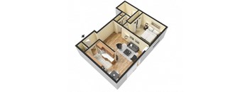 the illustration of the bedroom with a bathroom and a living room