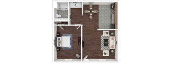 A top-down view of a small apartment with a kitchen, living room, and bathroom.