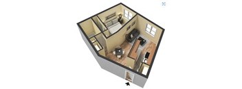 an illustration of a living room and bedroom in a small house