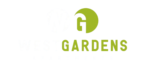 the logo for west gardens apartments with a green background and white and yellow letters