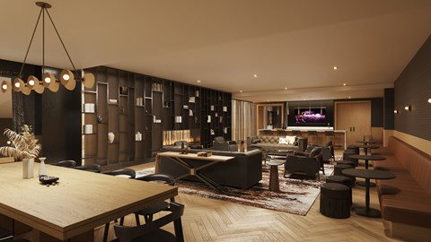 A modern dining room with a wooden table and chairs.