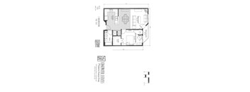 A floor plan of a house with a bedroom, living room, and kitchen.