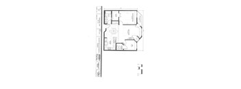 A floor plan of a house with a kitchen, living room, and bathrooms.
