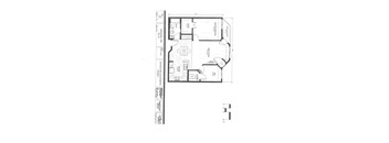 A floor plan of a house with a kitchen, living room, and two bedrooms.