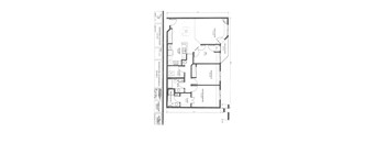 A floor plan drawing of a building with labeled rooms and dimensions.