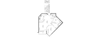 A floor plan for a home with a living room, dining room, kitchen, and two bathrooms.