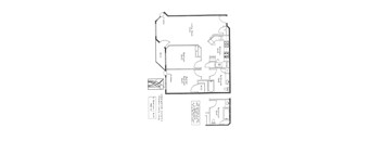 A floor plan of an apartment with a living room, two bedrooms, a bathroom, and a kitchen.