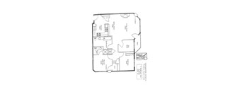 A floor plan of a house with a living room, dining room, kitchen, and two bathrooms.