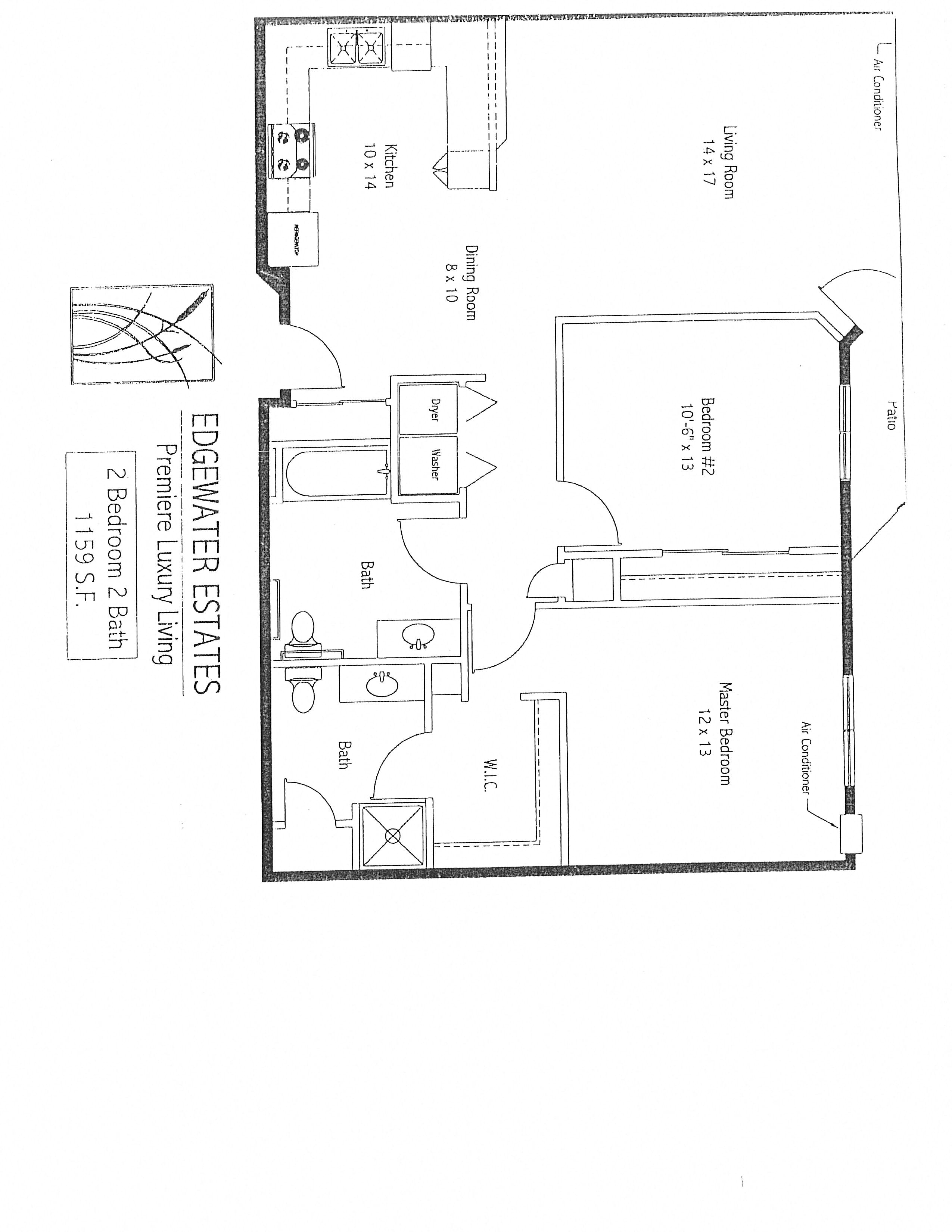 A floor plan for the Edenwater Estates shows a 2 bedroom, 2 bathroom apartment.