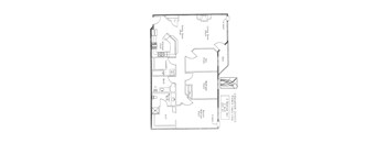 A floor plan of a house with a kitchen, living room, and two bedrooms.