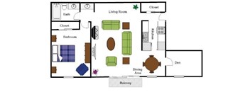 A floor plan of a house with a living room, dining area, kitchen, and two bedrooms.