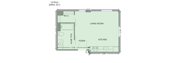 A floor plan of a 1st floor apartment with a living room, kitchen, foyer, and full bath.