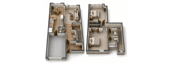 Two floor plans of a house with a living room, kitchen, and bedrooms.