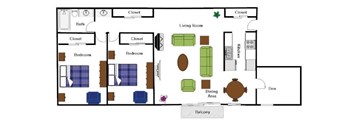 A floor plan of a house with two bedrooms, a living room, a dining area, a kitchen, a bathroom, and a balcony.