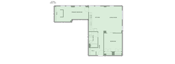 A floor plan of a 1st floor area of 945 square feet, featuring a primary bedroom, a living room, a kitchen, a full bath, and a bedroom.