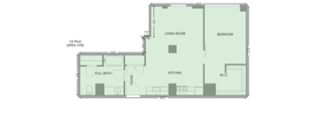 A floor plan of a one-bedroom apartment with a living room, bedroom, kitchen, and bathroom.