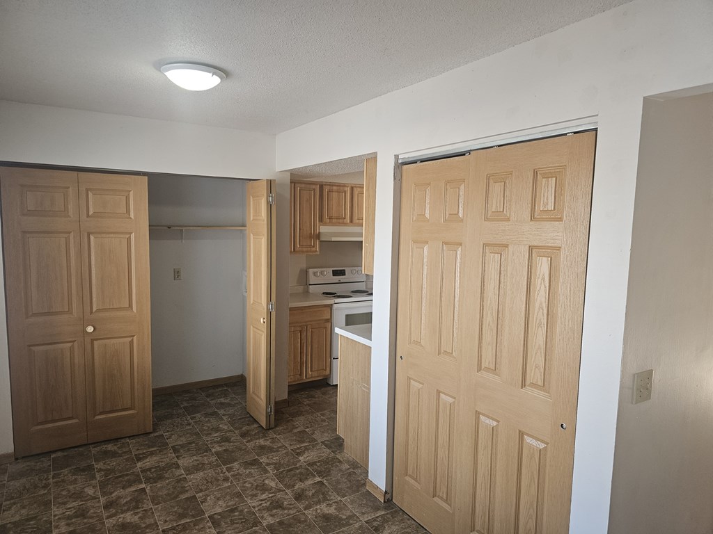 A kitchen area with a stove and oven.