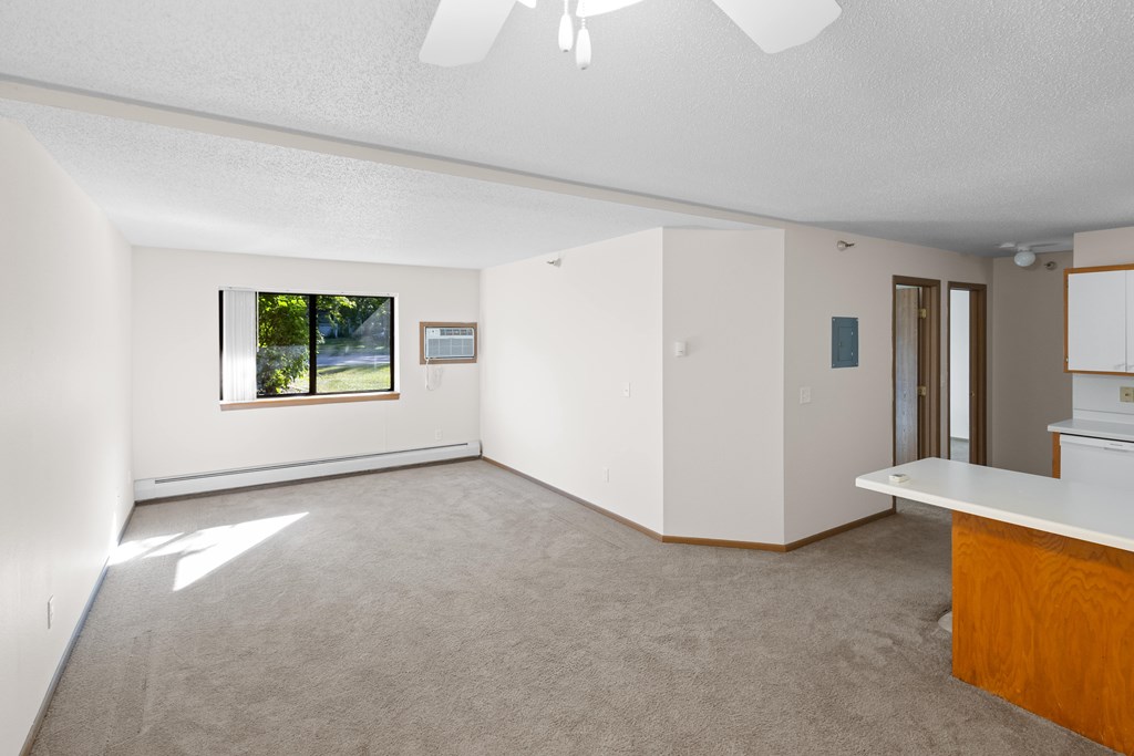 A room with a ceiling fan and a window with a view of trees.