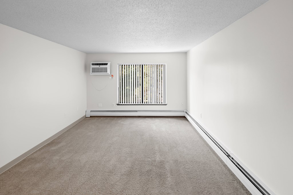 A room with a carpeted floor and a window with blinds.