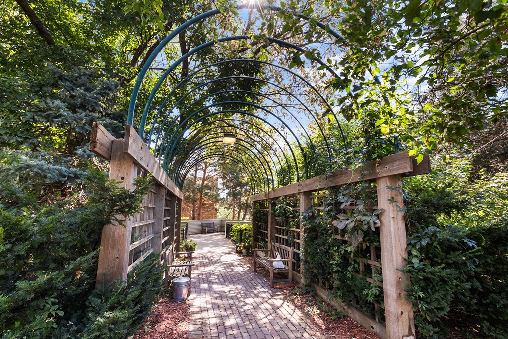 A green arched trellis runs along a brick pathway in a lush garden.