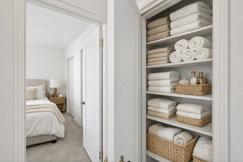 A white bathroom with a towel shelf and a bed.