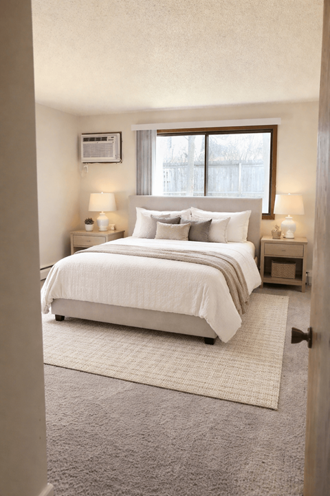 A bedroom with a large bed and two lamps on either side of the bed.