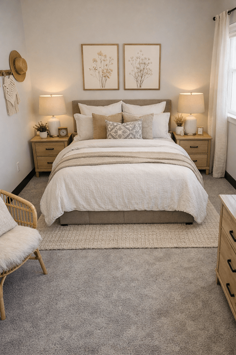 A bedroom with a large bed, a chair, and two nightstands.