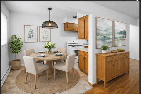 A dining room with a round table and chairs.