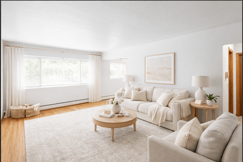 A living room with a white couch, a coffee table, and a painting on the wall.