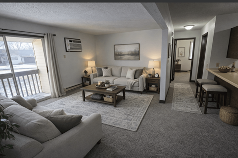 A living room with a grey couch and a coffee table.