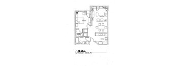 A floor plan of a one bedroom apartment with a great room, bedroom, walk-in closet, and kitchen.