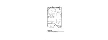 A drawing of a floor plan for a unit type E efficiency apartment.