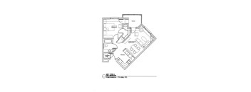 A black and white drawing of a house plan with a deck, bedrooms, a great room, a laundry room, and a kitchen.