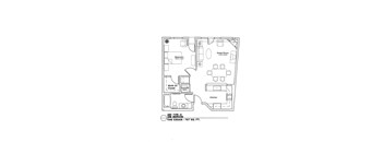 A floor plan of a one bedroom apartment with a laundry room and a walk-in closet.