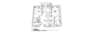 A floor plan of a two bedroom apartment with a living room, kitchen, and bathroom.