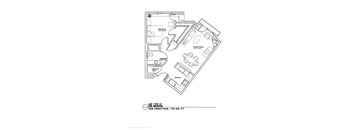 A floor plan of a one bedroom apartment at The Forsythia - 763 Sq. Ft.