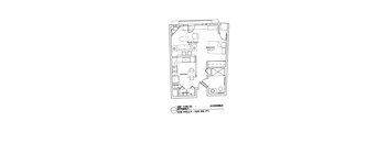 A floor plan of a 620 square feet unit with a kitchen, pantry and two bedrooms.