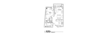 A floor plan of a one bedroom apartment with a lilac color.