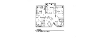 A floor plan of a home with a living room, dining room, kitchen, and two bedrooms.