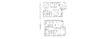 A floor plan of a two-story building with a living room, kitchen, and bathrooms.