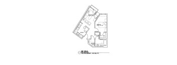 A floor plan of a one bedroom apartment with a kitchen and a bathroom.