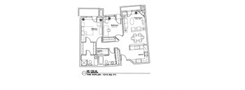 A black and white image of a floor plan for a two bedroom apartment.