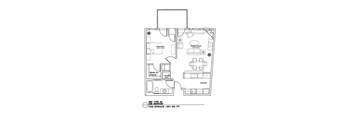 A drawing of a one bedroom apartment with a sprung floor.