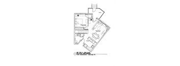 A floor plan of a house with a porch, great room, and kitchen.