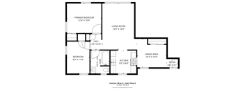 A black and white image of a floor plan for a house with a living room, dining area, kitchen, two bathrooms, and two bedrooms.