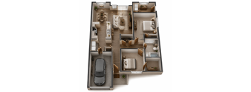 A top-down view of a house layout with a car parked in the garage.