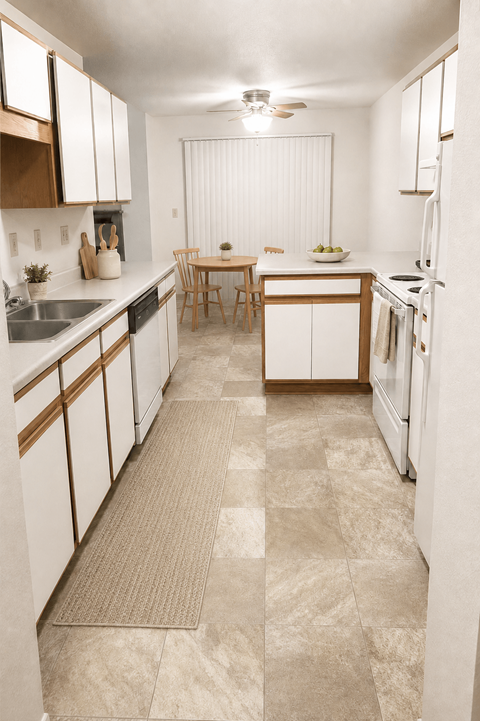 A kitchen with white cabinets and a tiled floor.